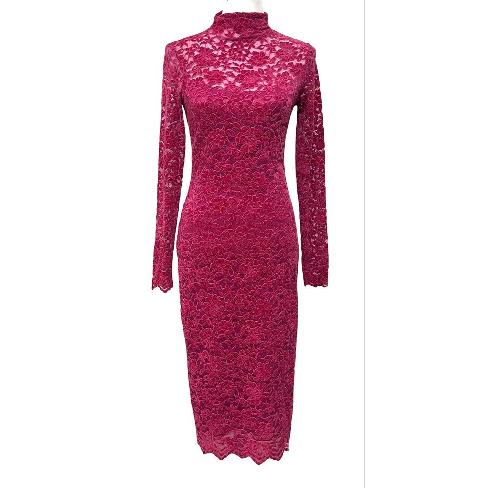 Steve Madden Women's Vivienne Flocked Lace Midi Dress Bodycon Pink Fuchsia Sz S